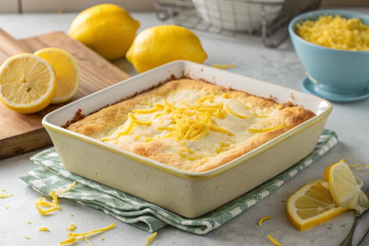 A freshly baked lemon cream cheese dump cake served in a square baking dish, topped with a golden crust and garnished with fresh lemon zest.