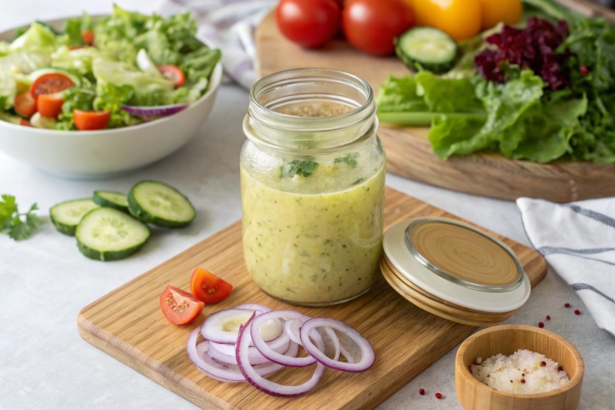 freshly whisked vinaigrette surrounded by salad ingredients, ready to be mixed.