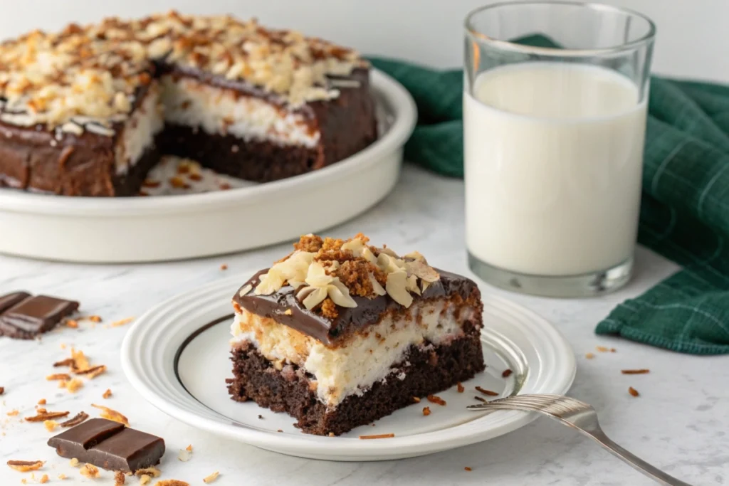 A plated slice of Mounds Cake with toasted coconut and chocolate shavings, paired with a glass of milk.