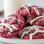 Soft and chewy red velvet cake mix cookies stacked on a marble counter.