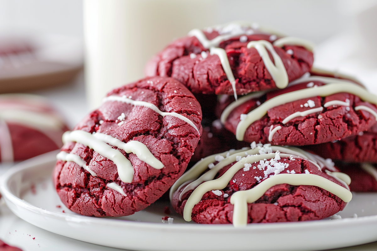 Soft and chewy red velvet cake mix cookies stacked on a marble counter.